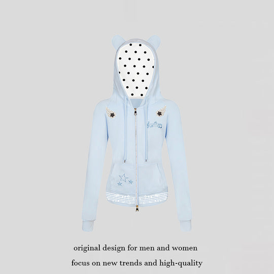 Damen Kapuzen-Sweatjacke mit Bärenohren, Reißverschluss, musikalischem Print und Polka-Lining Nord Taschen