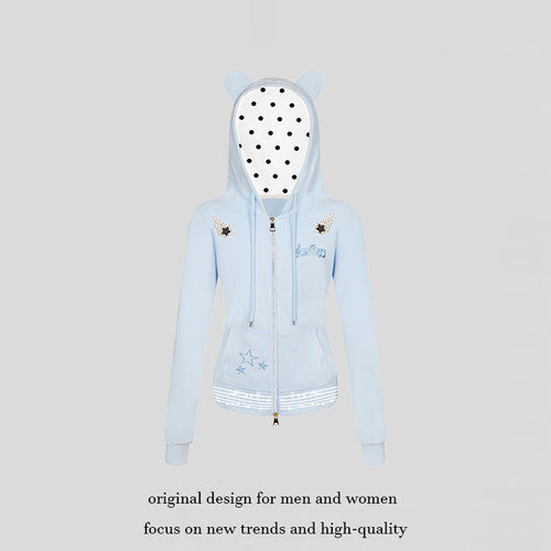 Damen Kapuzen-Sweatjacke mit Bärenohren, Reißverschluss, musikalischem Print und Polka-Lining Nord Taschen