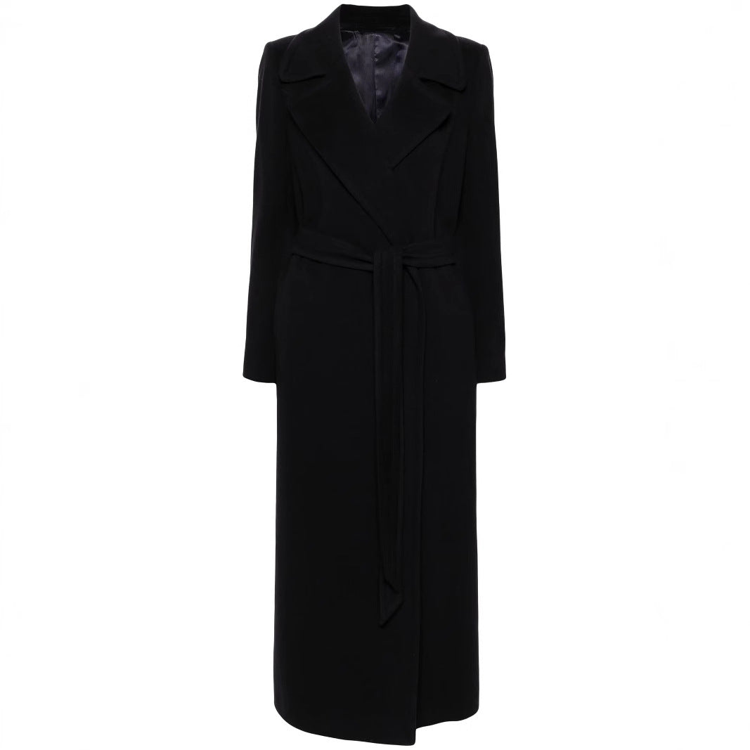 Damen Langer Wickelcoat aus Wollmix mit Bindegürtel und breitem Revers Nord Taschen