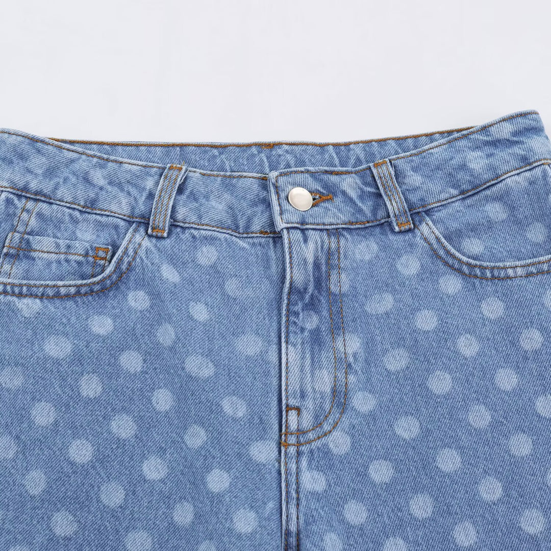 Damen Weite Cropped-Jeans mit hohem Bund und gepunktetem Denim Nord Taschen