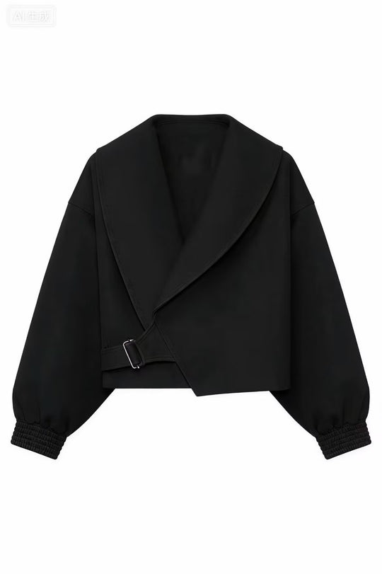 Damen Kurze Oversized Jacke mit breitem Schalkragen, Ballonärmeln und Taillenriegel Nord Taschen