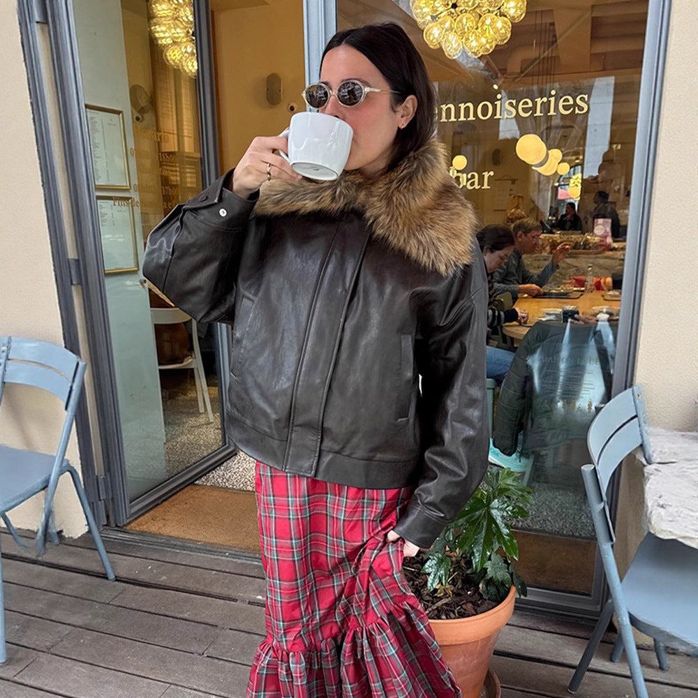 Damen Boxy Lederimitat-Blouson mit abnehmbarem Webpelzkragen und verdeckter Knopfleiste Nord Taschen
