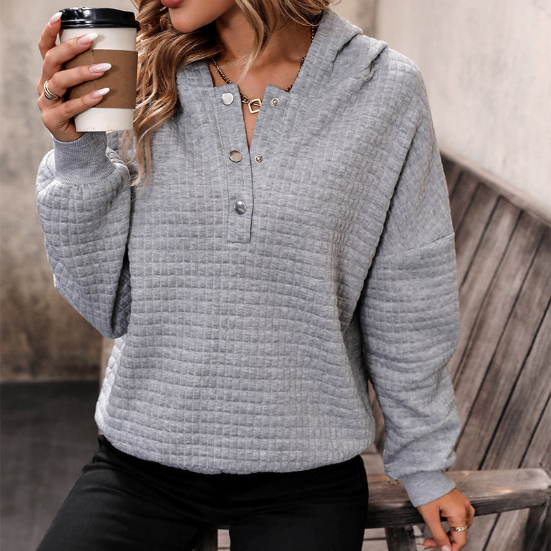 Damen Gestepptes Waffelstrick-Henley-Hoodie mit Druckknopfleiste Nord Taschen