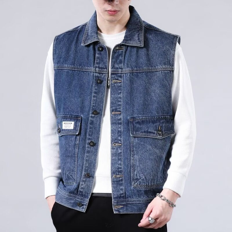 Herren Ärmellose Jeans-Workerweste mit Pattentaschen und kastiger Passform Nord Taschen