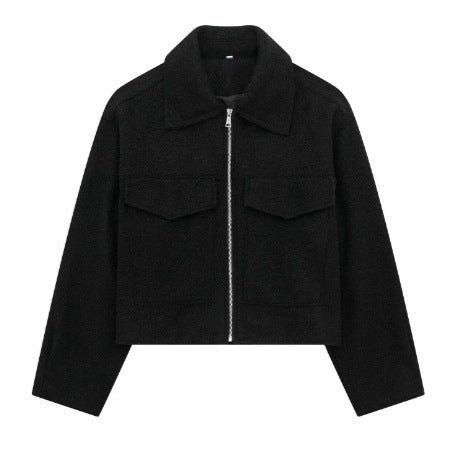 Damen Kurzjacke aus Bouclé-Wollmix mit Reißverschluss, Hemdkragen und Brustpattentaschen Nord Taschen