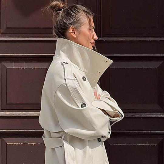 Damen tailloser Long-Trenchcoat im Oversize-Schnitt mit doppelter Knopfleiste und Schulterklappen Nord Taschen
