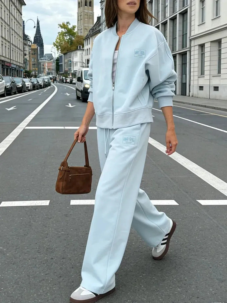 Damen Oversize Sweatjacke mit Reißverschluss und weite Jogginghose Freizeit-Set Nord Taschen