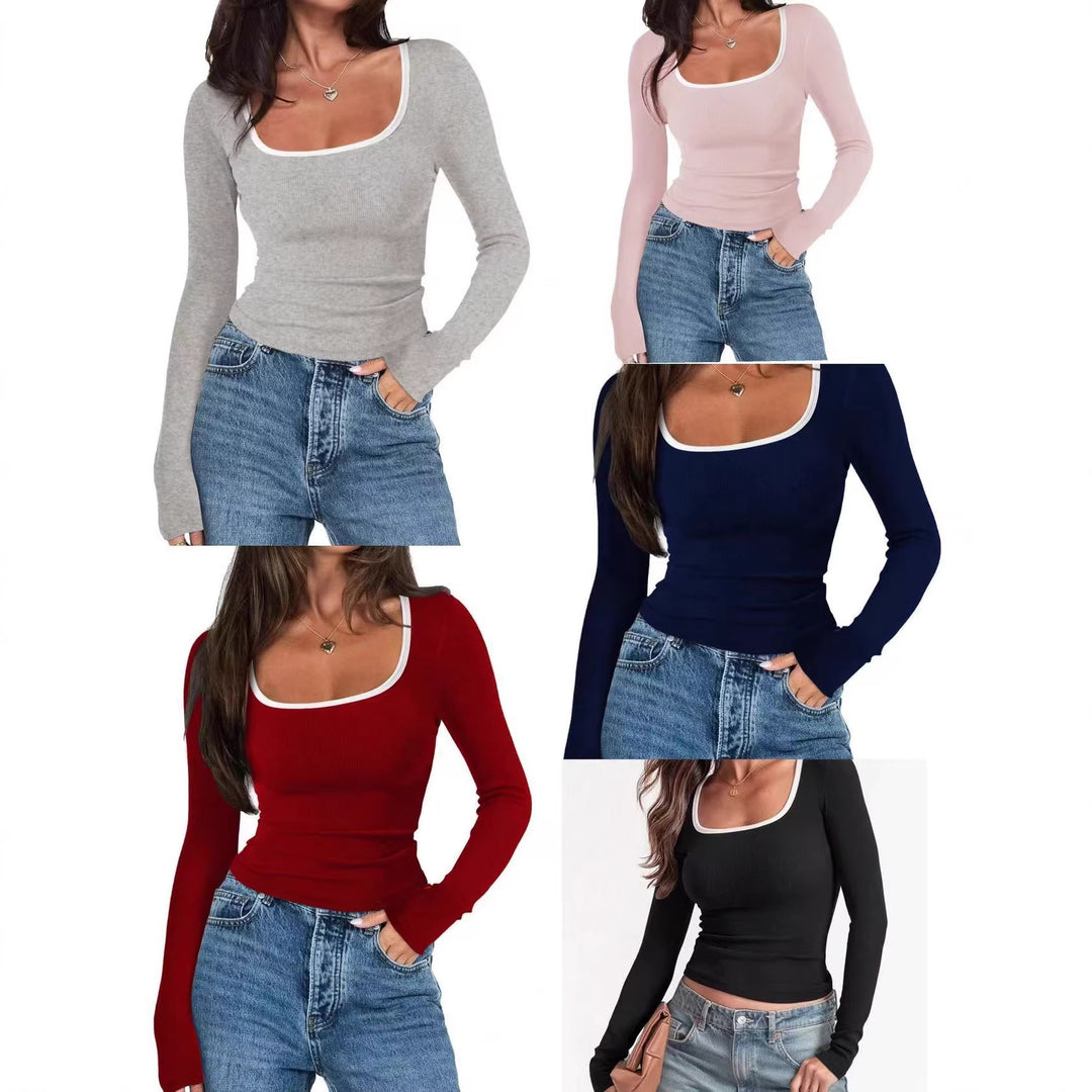 Damen Figurnahes Rippshirt mit breitem Quadrat-Ausschnitt und Kontrastkante Nord Taschen