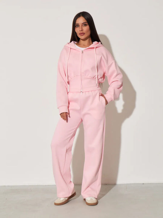 Damen kurzes Kapuzen-Zipshirt mit tailliertem Tunnelzug und weit geschnittene High-Waist-Loungehose Nord Taschen