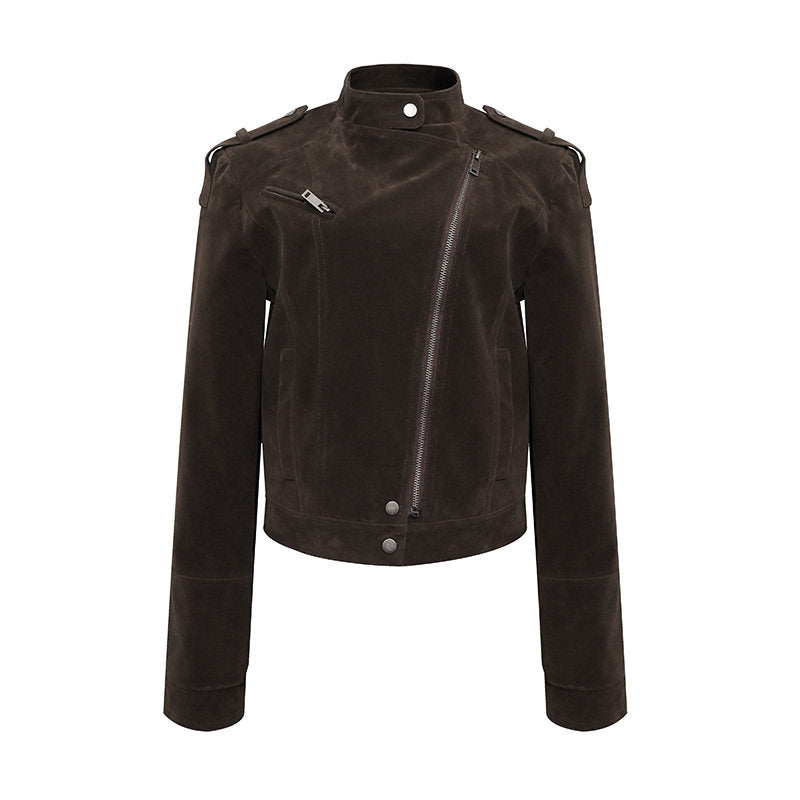 Damen Kurze Veloursleder-Bikerjacke mit asymmetrischem Reißverschluss und Stehkragen Nord Taschen