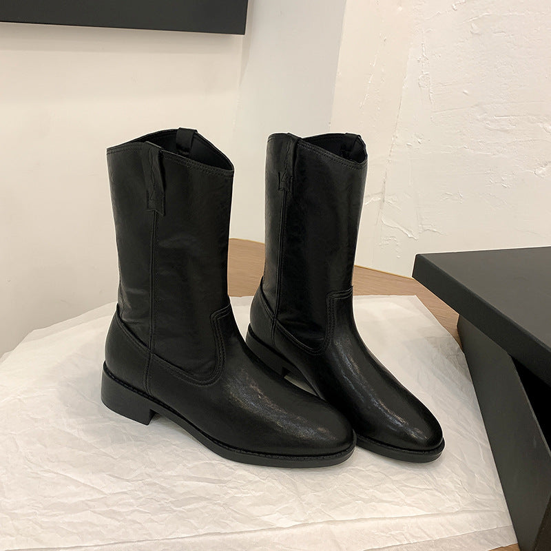 Damen Mid-Calf Western-Stiefel aus Glattleder mit niedriger Blockabsatz Nord Taschen