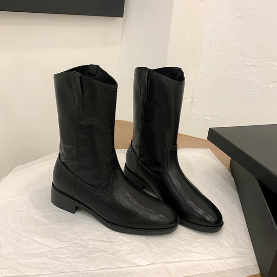 Damen Mid-Calf Western-Stiefel aus Glattleder mit niedriger Blockabsatz Nord Taschen