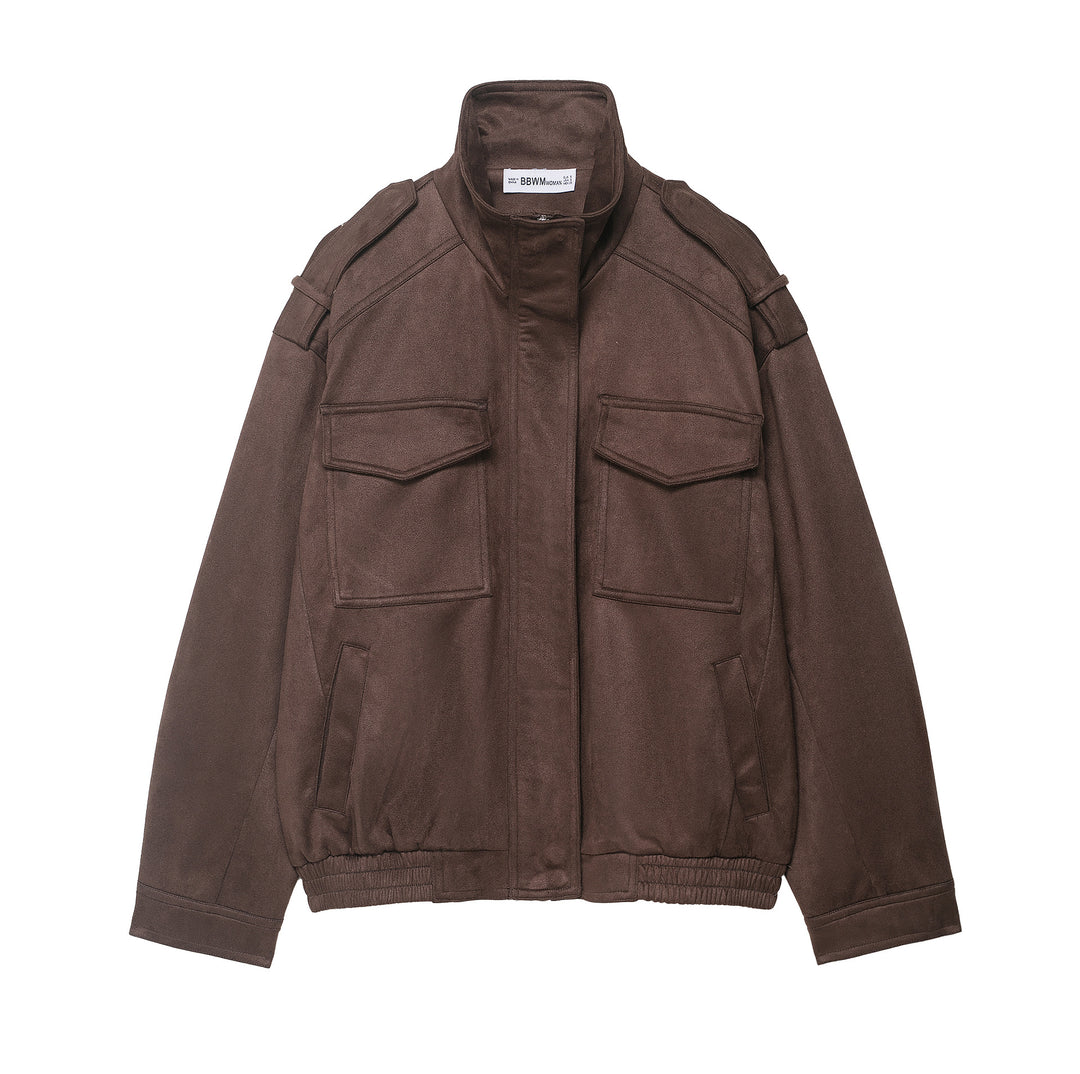 Damen Field‑Bomberjacke in Veloursleder‑Optik mit hoher Kragenpartie, Pattentaschen und Epauletten Nord Taschen