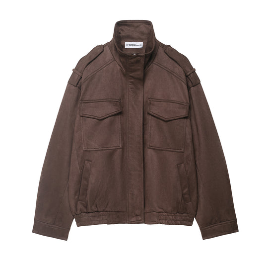 Damen Field‑Bomberjacke in Veloursleder‑Optik mit hoher Kragenpartie, Pattentaschen und Epauletten Nord Taschen