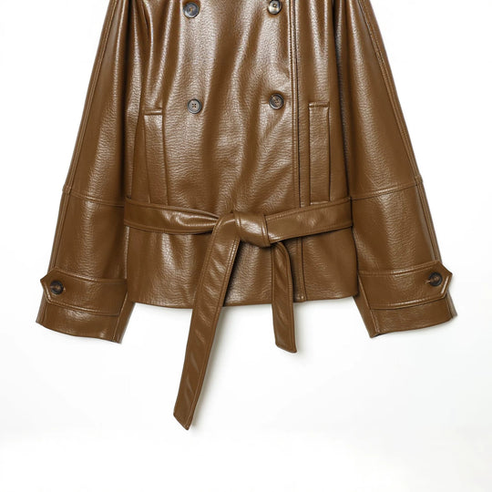 Damen Kurz geschnittener Trenchcoat aus Kunstleder mit taillierendem Bindegürtel Nord Taschen