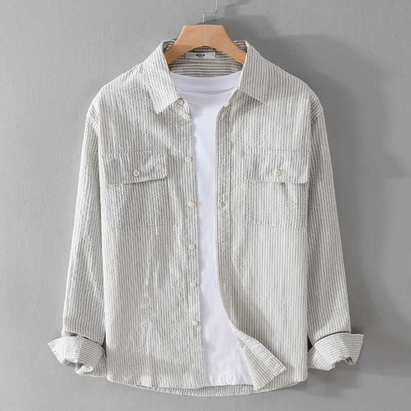 Herren Leichtes Overshirt im Nadelstreifen-Look aus Leinen‑Baumwollmix mit aufgesetzten Brusttaschen Nord Taschen