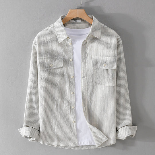 Herren Leichtes Overshirt im Nadelstreifen-Look aus Leinen‑Baumwollmix mit aufgesetzten Brusttaschen Nord Taschen