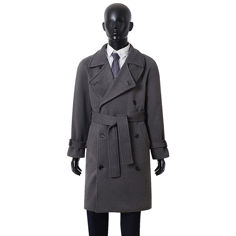 Herren Eleganter Mantel im Longcoat‑Stil aus Wollmix mit Doppelreihe, taillierendem Bindegürtel und dekorativer Schulterpasse Nord Taschen