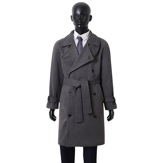 Herren Eleganter Mantel im Longcoat‑Stil aus Wollmix mit Doppelreihe, taillierendem Bindegürtel und dekorativer Schulterpasse Nord Taschen