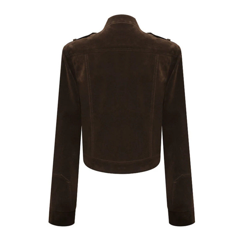 Damen Kurze Veloursleder-Bikerjacke mit asymmetrischem Reißverschluss und Stehkragen Nord Taschen