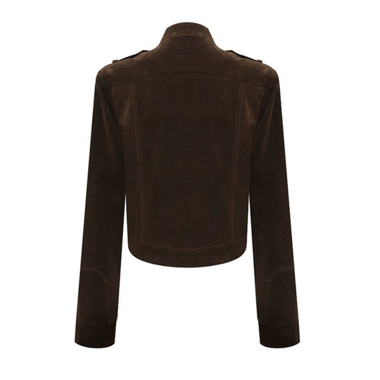 Damen Kurze Veloursleder-Bikerjacke mit asymmetrischem Reißverschluss und Stehkragen Nord Taschen