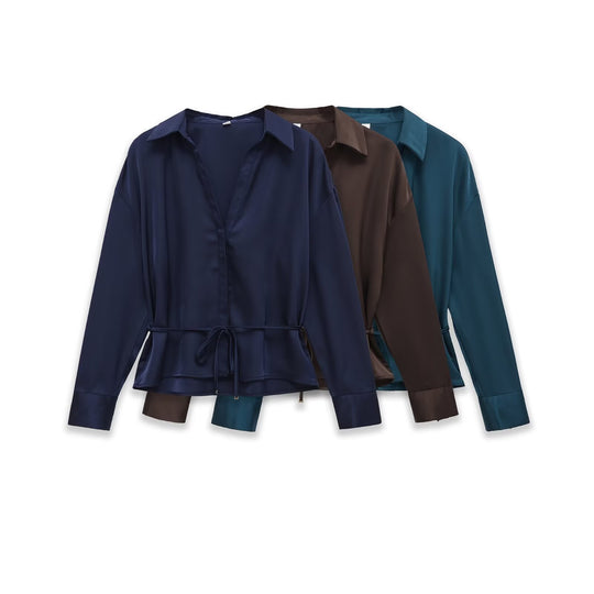 Damen Seidiges Hemdblusen-Shirt mit Bindegürtel und Schößchen Nord Taschen
