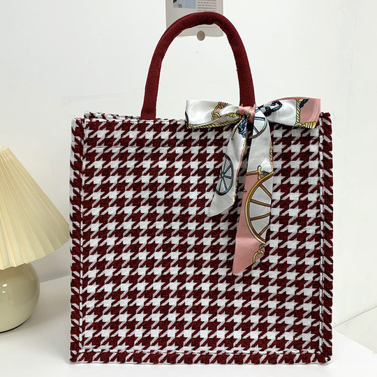 Damen Jute-Tragetasche mit elegantem Karomuster und dekorativen Schleifenakzenten Nord Taschen