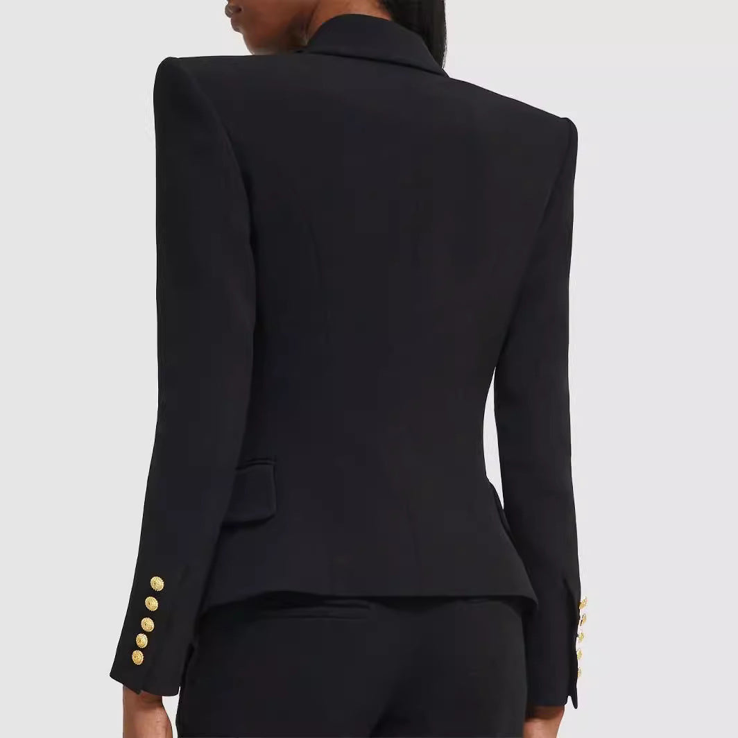 Damen Figurnaher Smokingblazer im Tailoring mit betonter Schulter und goldener Zierknopfleiste Nord Taschen