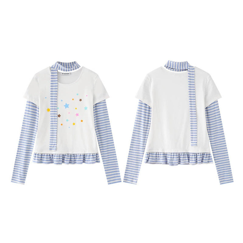 Damen Lagen-Langarmshirt mit Streifen-Ärmeln, Sternenprint, Volant-Saum und Schal-Detail Nord Taschen
