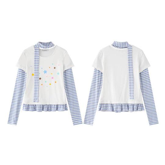 Damen Lagen-Langarmshirt mit Streifen-Ärmeln, Sternenprint, Volant-Saum und Schal-Detail Nord Taschen