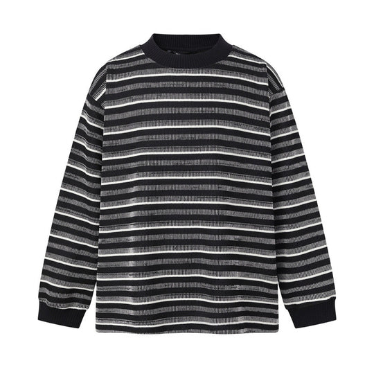 Unisex Locker geschnittener Strukturstrick-Pullover mit Rundhals und maritimen Streifen Nord Taschen