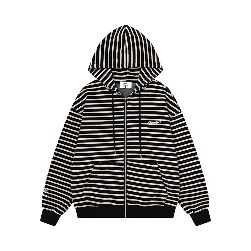 Unisex Leichter gestreifter Kapuzen‑Zipcardigan im Oversize‑Fit aus geripptem Baumwollmix Nord Taschen