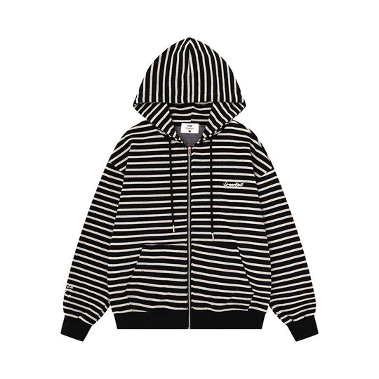 Unisex Leichter gestreifter Kapuzen‑Zipcardigan im Oversize‑Fit aus geripptem Baumwollmix Nord Taschen