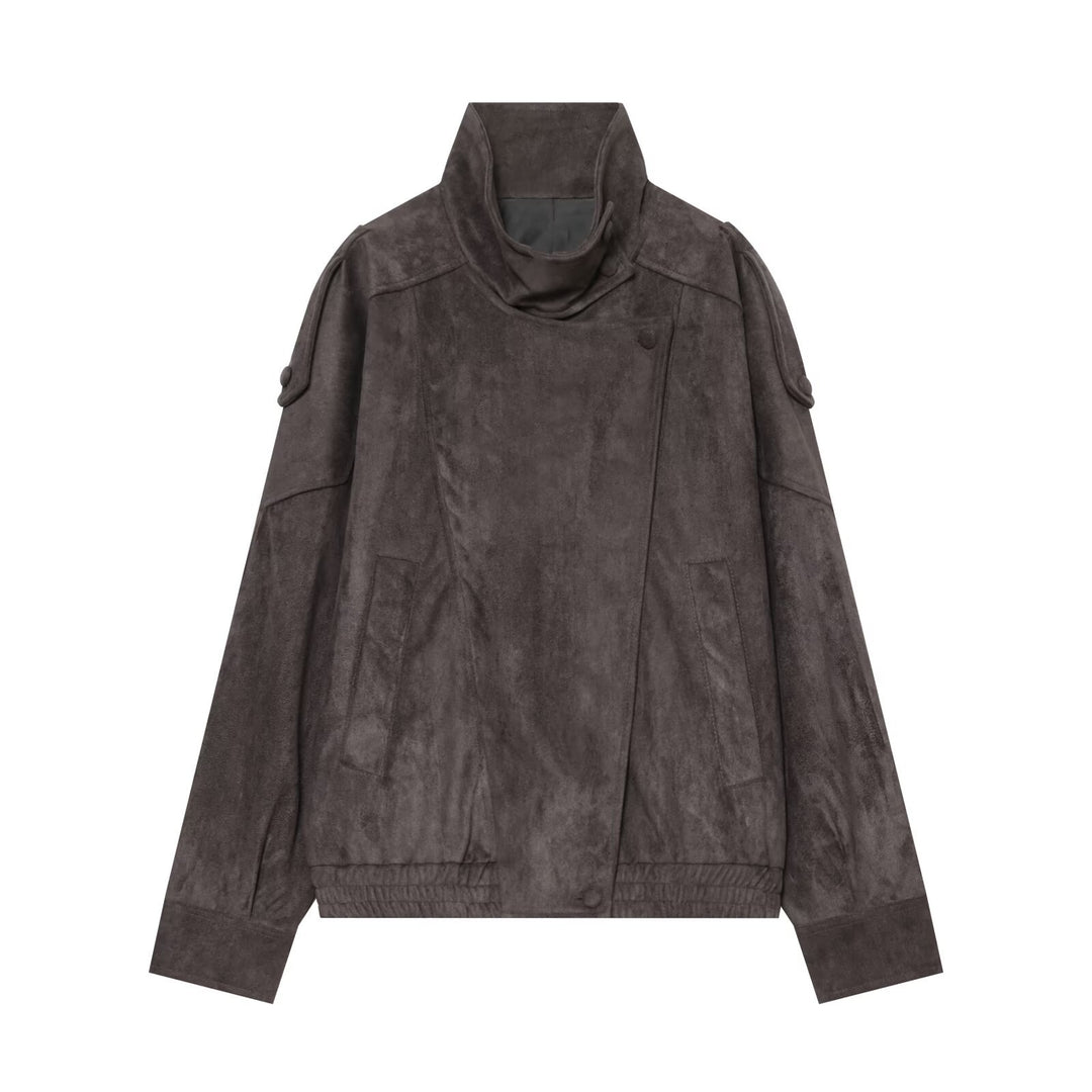 Damen Oversized Wildlederoptik Bomberjacke mit hohem Stehkragen, Schulterriegeln und elastischem Saum Nord Taschen