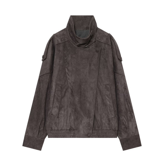 Damen Oversized Wildlederoptik Bomberjacke mit hohem Stehkragen, Schulterriegeln und elastischem Saum Nord Taschen