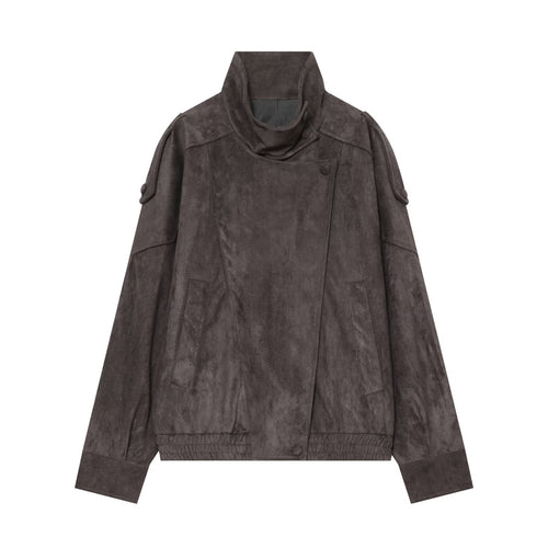 Damen Oversized Wildlederoptik Bomberjacke mit hohem Stehkragen, Schulterriegeln und elastischem Saum Nord Taschen