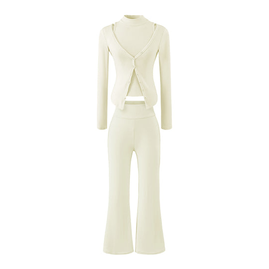Damen Figurbetontes Layering-Set mit Rollkragen-Longsleeve und asymmetrischer Knopfjacke und ausgestellter High-Waist Hose Nord Taschen