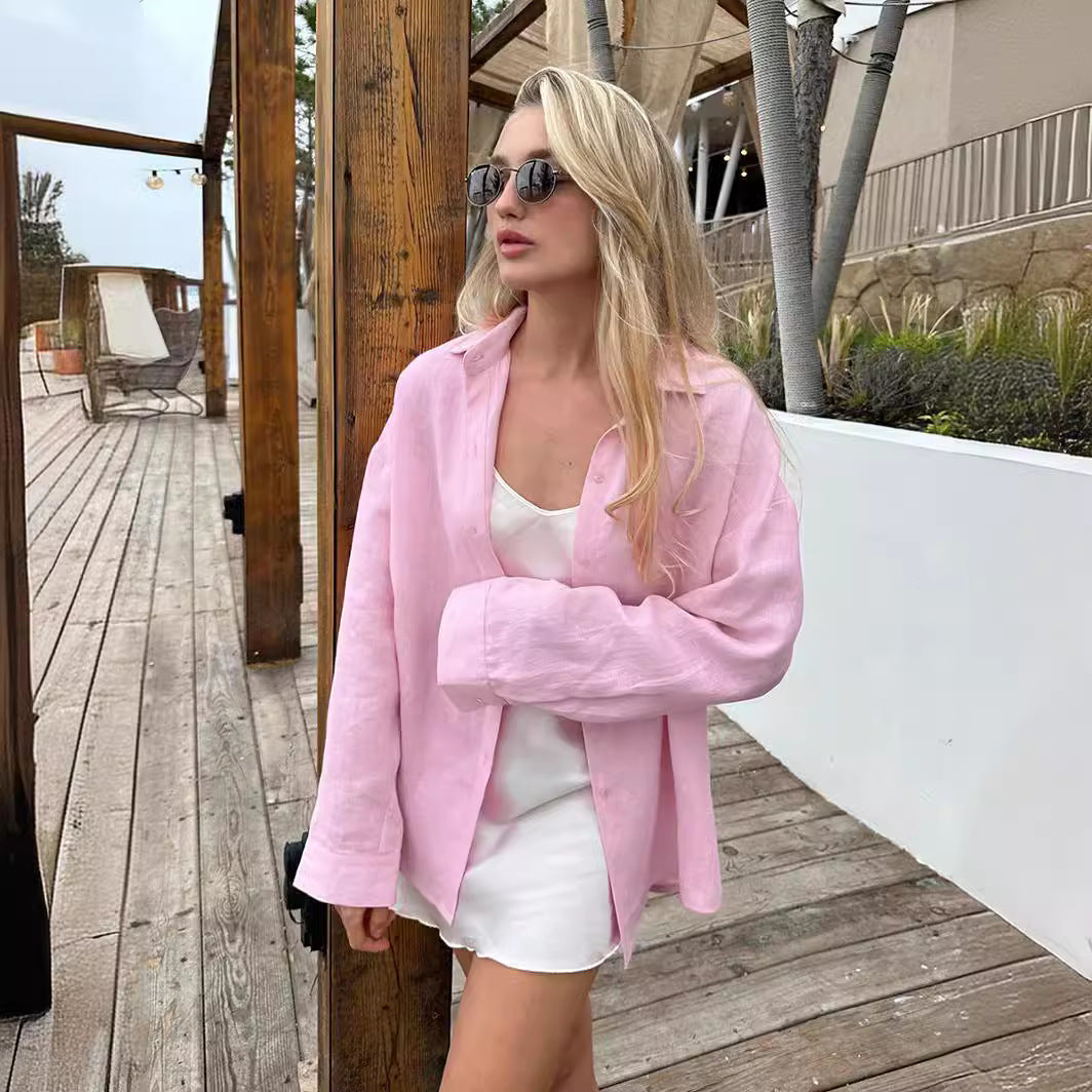 Damen Leinenhemd mit lässigem Schnitt und oversized Ärmeln