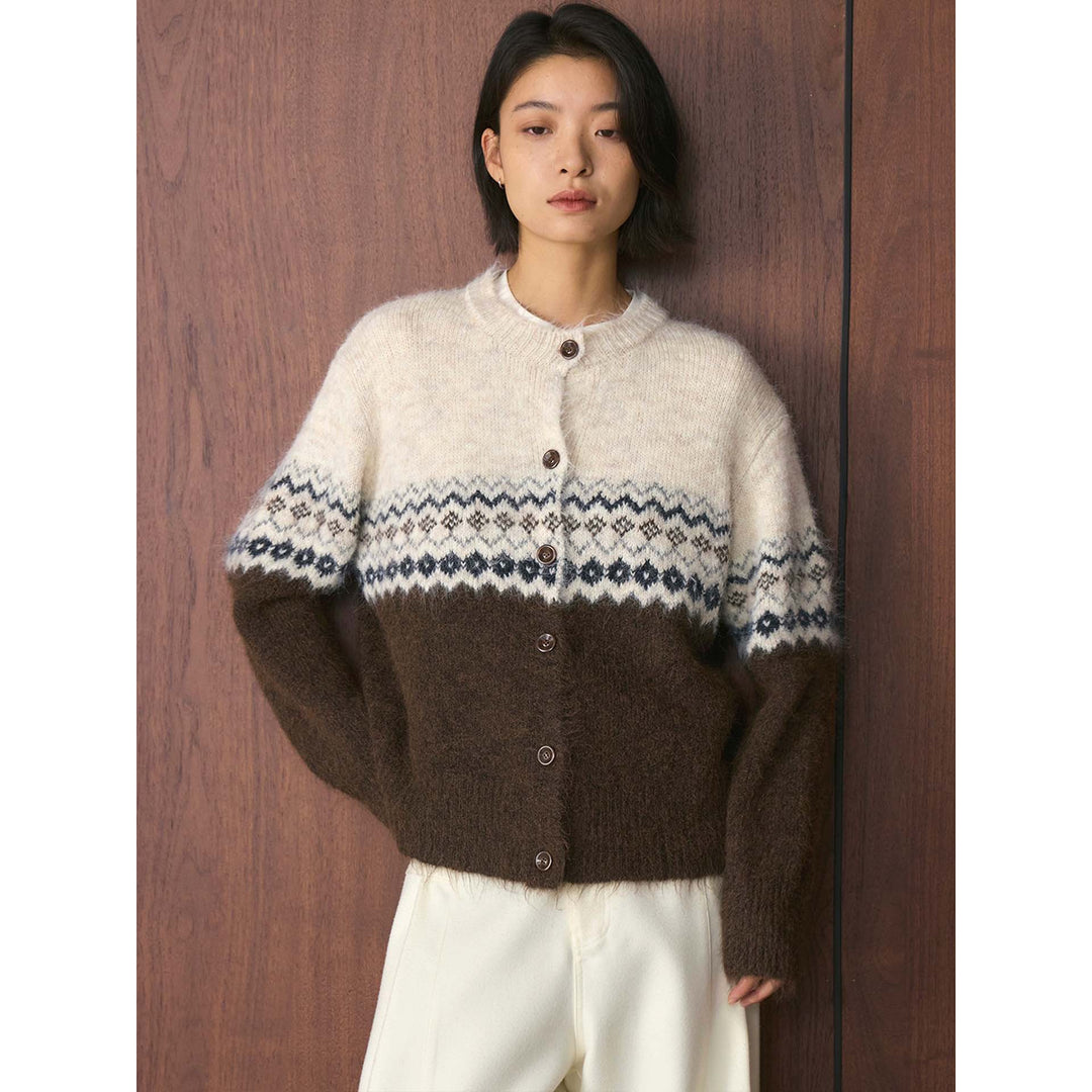 Damen Norwegermuster Mohair-Optik Strickjacke mit Knopfleiste und Rundhalsausschnitt Nord Taschen