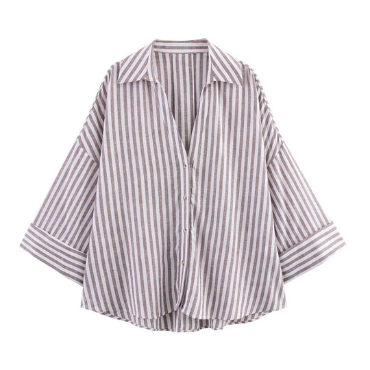 Damen Oversize-Hemdbluse mit vertikalem Streifenmuster und verlängertem Rücken Nord Taschen