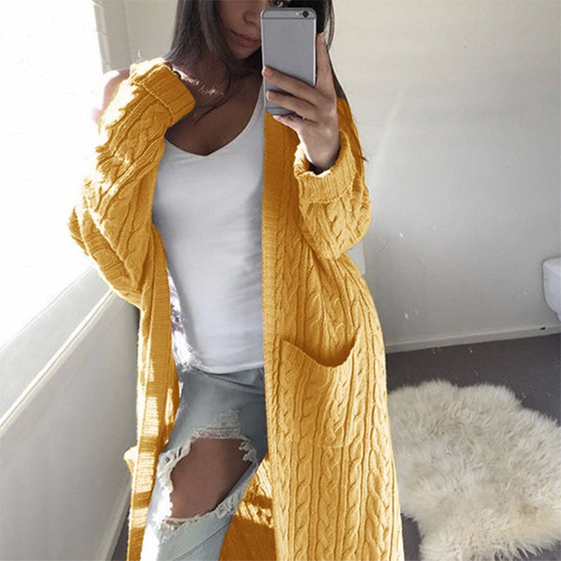 Damen Langer Oversize Zopfmuster-Strickcardigan mit Eingrifftaschen Nord Taschen