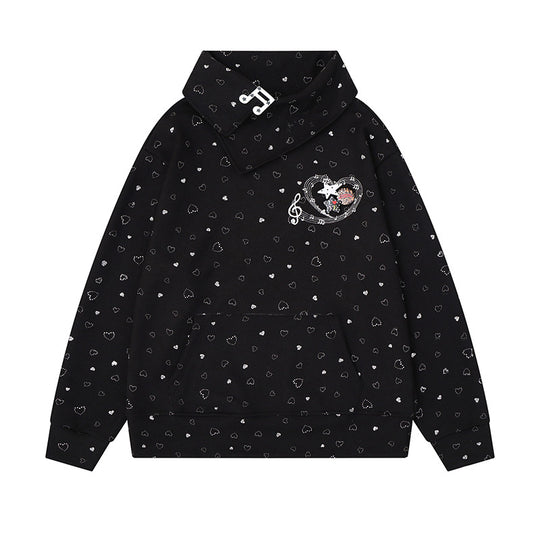 Damen Oversize-Sweatshirt mit asymmetrischem Stehkragen, Kängurutasche und musikalischer Herz-Stickerei Nord Taschen