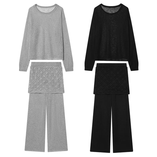 Damen Strick-Lounge-Set mit weitem Rundhals-Pullover und Highwaist-Schlaghose mit Spitzen-Detail Nord Taschen