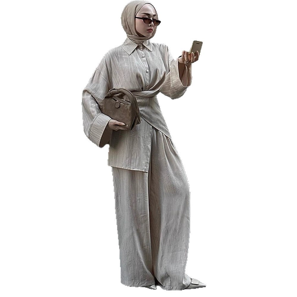 Damen Lässiges Tunika-Set mit Wickelgürtel und weiter Palazzohose Nord Taschen