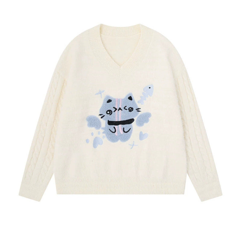 Damen V-Ausschnitt Strickpullover mit Zopfärmeln und Chenille-Katzenmotiv Nord Taschen