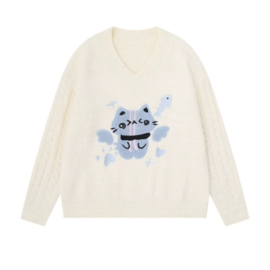 Damen V-Ausschnitt Strickpullover mit Zopfärmeln und Chenille-Katzenmotiv Nord Taschen