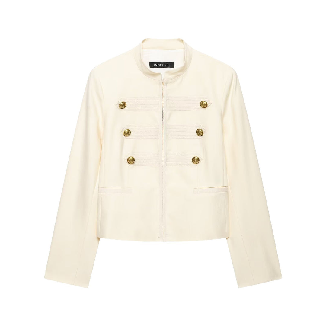 Damen Cropped Militärblazer mit Stehkragen, Zierstreifen und goldenen Statementknöpfen Nord Taschen