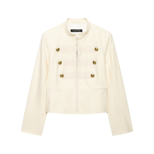 Damen Cropped Militärblazer mit Stehkragen, Zierstreifen und goldenen Statementknöpfen Nord Taschen