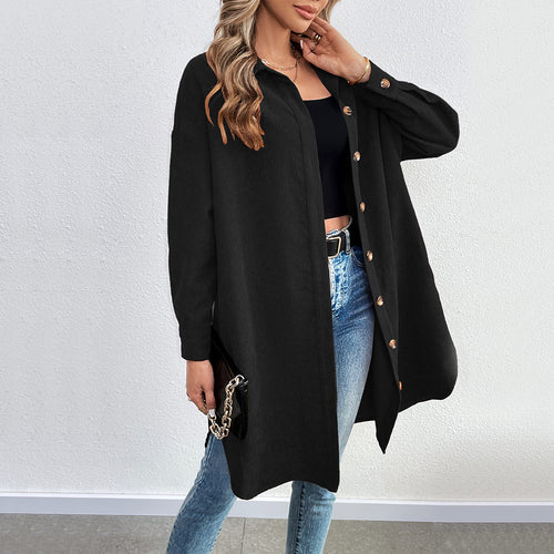 Damen lange Oversize-Cord-Hemdjacke mit durchgehender Knopfleiste und Hemdblusen-Kragen Nord Taschen