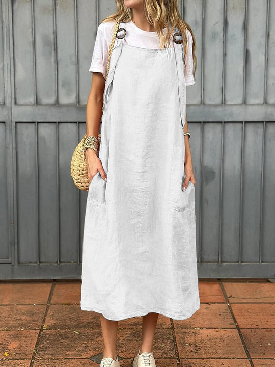 Damen lässiges Leinenkleid mit praktischen Taschen und verstellbaren Trägern